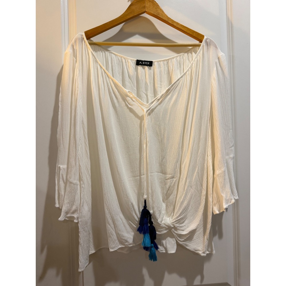 A. Byer Womens White Gauze Peasant Blouse Blue Tassel Tie Front Bell Sleeve Top
